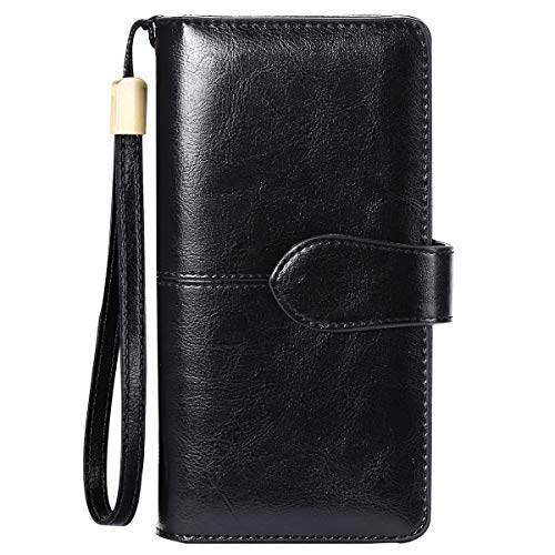 Gran Capacidad Cartera de Cuero de Mujer, Bloqueo RFID Monedero de Piel para Señora con 26 Ranuras de la Tarjeta, Larga Billetera de Mujer con Bolsillo de Cremallera y Correas de Muñeca (Negro) Gran Capacidad Cartera de Cuero de Mujer, Bloqueo RFID Monedero de Piel para Señora con 26 Ranuras de la Tarjeta, Larga Billetera de Mujer con Bolsillo de Cremallera y Correas de Muñeca (Negro)