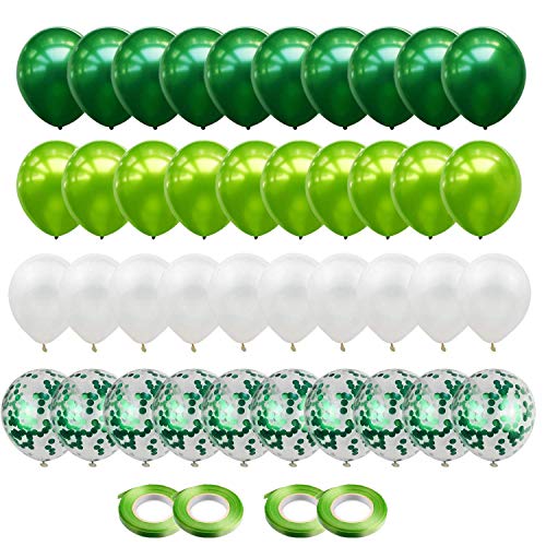 Gxhong Globos de confeti Globos de Látex Verde Blanco, 60pcs globos de helio de 12'' Globos de confeti de látex con 4 cintas de globos para bodas Decoraciones de fiesta de cumpleaños (Verde)