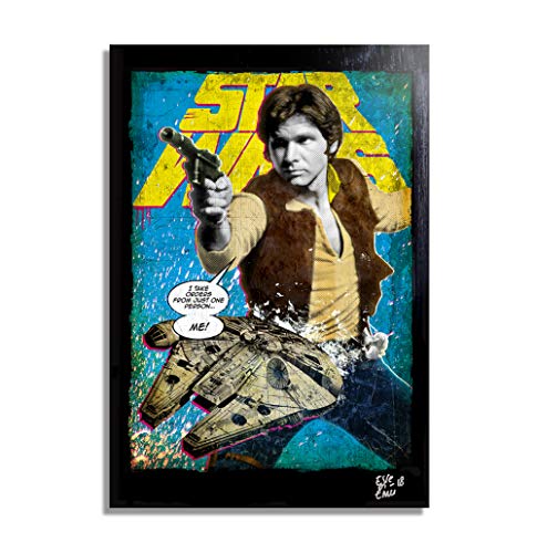 Han Solo (Harrison Ford) y Millennium Falcon de Star Wars - Pintura Enmarcado Original, Imagen Pop-Art, Impresión Póster, Impresion en Lienzo, Cuadro, Cómics, Cartel de la Película