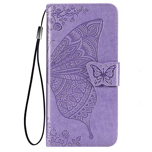 HAOTIAN Funda para Motorola Moto G9 Plus Funda, Suave PU Cuero Flip Carcasa Case Cover, Cubierta Magnética en Relieve de la Mariposa, Billetera con Soporte/Tapa Tarjetas. Morado