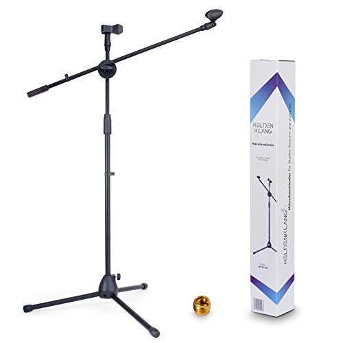 Heldenklang® Soporte de micrófono para 2 micrófonos – Con brazo giratorio, 2 abrazaderas de micrófono y adaptador – Base de trípode extra grande para un soporte estable.