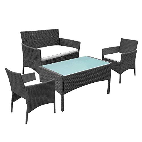 Hengda Conjunto Muebles de jardín Muebles Ratán Juego para Terraza o Balcón Sofá 2 Plazas + 2 Sillones + Mesa - Negro