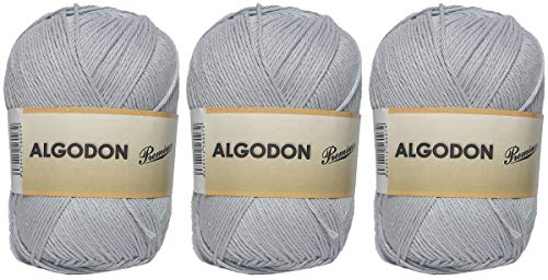Hilo Ovillo de Algodón Premium 100% Algodón perfecto para DIY y tejer a mano (Color Gris Plata 100 g, aprox. 220 metros Pack de 3 pcs)