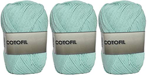 Hilo Ovillo de Cotofil 100% Algodón perfecto para DIY y tejer a mano (Color Verde Agua 100 g, aprox. 250 metros Pack de 3 pcs)