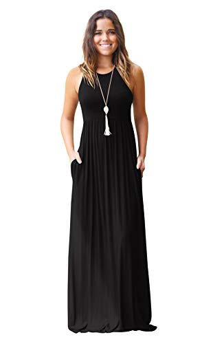 Hmeng - Vestido largo sin mangas y con bolsillos para mujer. Vestido de fiesta largo, estampado liso negro negro XXL Hmeng - Vestido largo sin mangas y con bolsillos para mujer. Vestido de fiesta largo, estampado liso negro negro XXL