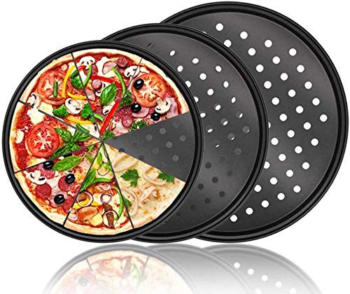 HomeMall Juego de 3 bandejas de pizza, sartenes de pizza con agujeros para horno, antiadherentes perforados, 24,5/28/32 cm