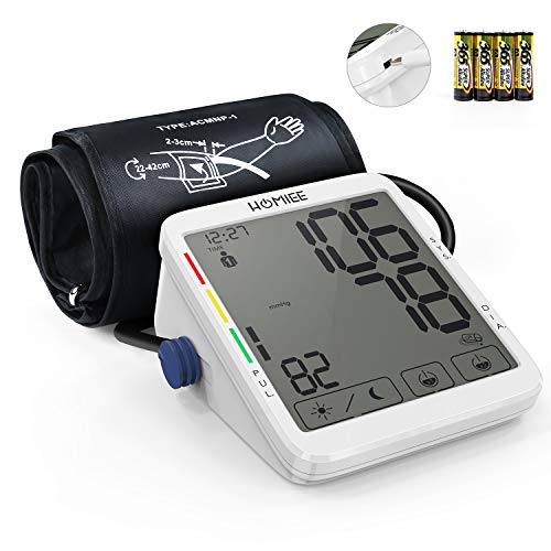 HOMIEE Tensiómetros de Brazo Digital, Monitor de Presión Arterial con Pantalla 5.5'', Automática de la Presión Arterial, Detección del Pulso Arrítmico, Brazalete 22-42cm, 240 * 2 Memoria