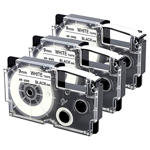 Invoker Compatible con reemplazo de cinta de etiquetas para Casio XR-9WE2S XR9WE2S XR-9WE XR-9WE1, para KL-60 KL-HD1 KL-100 KL-120 Impresora de etiquetas, 9 mm x 8 m, negro sobre blanco, paquete de 3