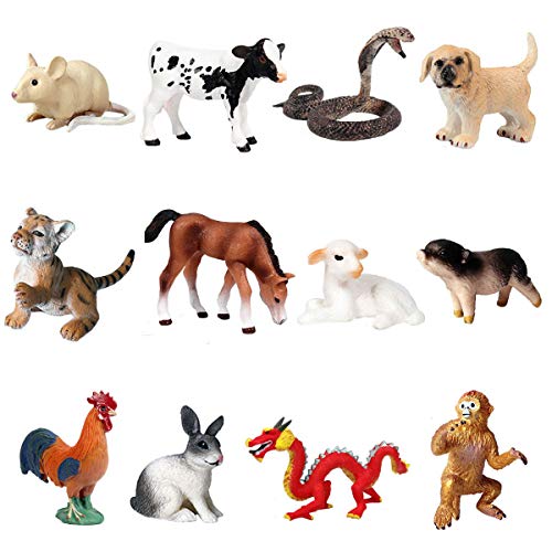 JOKFEICE Figuras de Animales 12 pcs Realista Plástico Figuras del Zodiaco Chino Incluye Cobra, Ratón, Becerro, Tigre Proyecto de Ciencia, Regalo de cumpleaños, Decoración de Pastel para niños