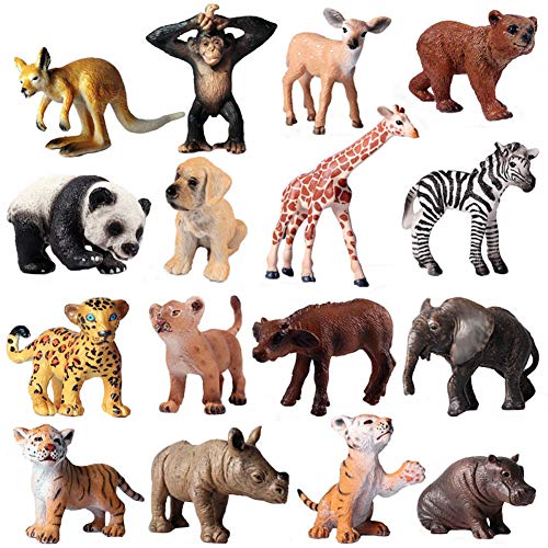JOKFEICE Figuras de Animales 16 pcs Realista Plástico Mini Juguetes de Animales de la Selva Incluye León, Elefante, Tigre Proyecto de Ciencia, Regalo de cumpleaños, Decoración de Pastel para niños