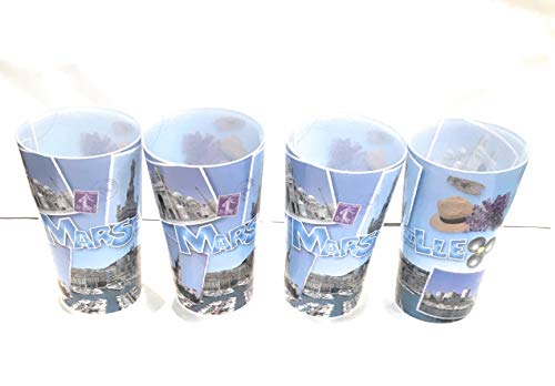 Juego de 4 vasos de agua de plástico – 11 cm de alto y 7 cm de diámetro – Estampado Marsella