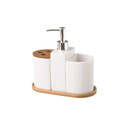 Juego de Baño de 3 Piezas, realizado en Cerámica y Bambú, de Color Blanco. Diseño Limpio, con Estilo Minimalista - Hogar y Más Juego de Baño de 3 Piezas, realizado en Cerámica y Bambú, de Color Blanco. Diseño Limpio, con Estilo Minimalista - Hogar y Más