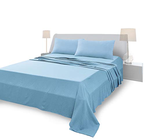 Juego de sábanas completo para cama de matrimonio, material 100% puro algodón, sábanas y 2 fundas de almohada, ropa de cama de color liso, azul claro