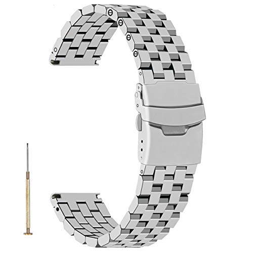Juntan Correa de reloj plateada de acero inoxidable de 20mm para hombres y mujeres Correas reloj de ingeniero de metal cepillado con pulsador doble de metal Hebilla Plata