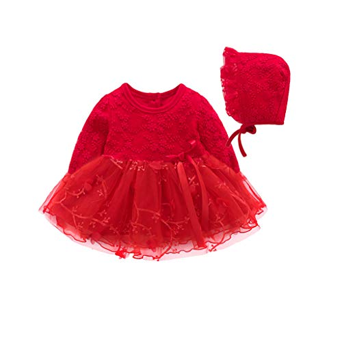 K-youth Vestido de Tul con Bordado para Niñas Primavera Niños para 0-18 Meses Tutu Vestidos de Princesa Manga Larga Infantil Mono Corto Plisado Niñas Vestido de Fiesta y Sombrero (Rojo, 3-6 Meses)