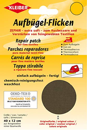 Kleiber - Parche de reparación termoadhesivo, de algodón, 40 x 12 cm, para Telas de Tejido Fino, Color marrón Oscuro