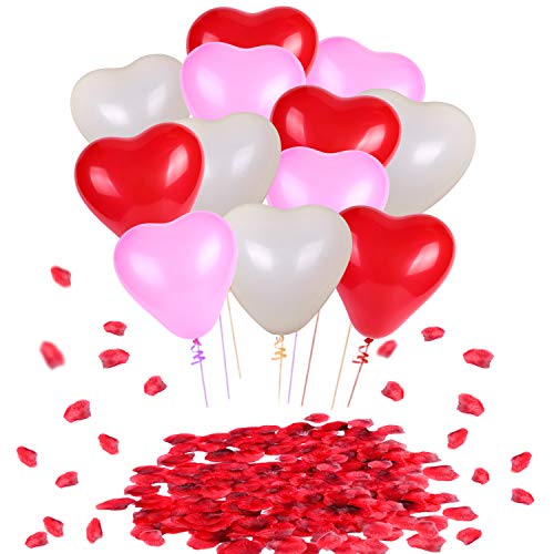 Konsait Globos de Corazon Colores Rojo Rosa Blanco Globos de látex y Pétalos de Rosa en Seda Roja Bodas Fiestas Confeti (1000Uds) para Contrato, Cumpleaños Fiesta de Boda decoración