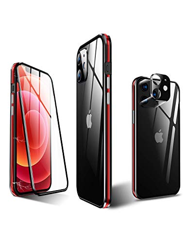 KumWum Funda para iPhone 12 Magnetic Adsorption Completo Carcasa Original Transparente Doble Cristal Templado Case con Parachoques de Aluminio Barra de Mejora de señal, Negro + Rojo