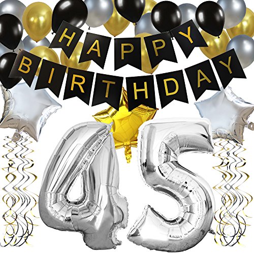 KUNGYO Clásico Decoración de Cumpleaños -“Happy Birthday” Bandera Negro;Número 45 Globo;Balloon de Látex&Estrella, Colgando Remolinos Partido para el Cumpleaños de 45 Años