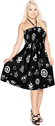 LA LEELA Vintage Piratas Skull Cráneo Cosplay Disfraces De Halloween Costume playa del vestido del desgaste de la cubierta hasta el cuello halter maxi tubo corto traje de baño traje de baño Negro_B810