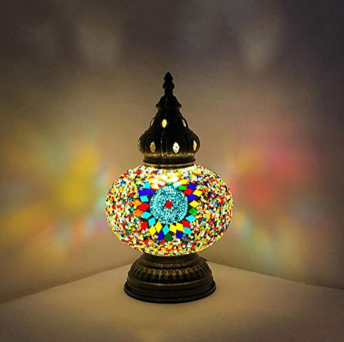 Lámpara de mesa de mosaico colorida hecha a mano de estilo turco marroquí, lámpara de noche para mesita de noche, pantalla de luz, con base de bronce-segundo