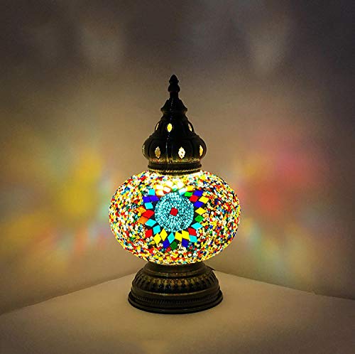Lámpara de mesa de mosaico colorida hecha a mano de estilo turco marroquí, lámpara de noche para mesita de noche, pantalla de luz, con base de bronce-segundo Lámpara de mesa de mosaico colorida hecha a mano de estilo turco marroquí, lámpara de noche para mesita de noche, pantalla de luz, con base de bronce-segundo