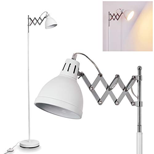 Lámpara de pie Saxon, de metal en blanco/cromo, pantalla Ø 14 cm, 1 x E27, máx 28 vatios, regulable en diseño retro, adecuada para bombillas LED, ideal para salón y dormitorio