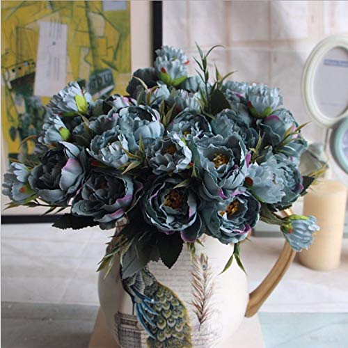 Lanyifang 2 Ramas Flores Artificial Europea de Mini Peonía Flor de Seda Marrón/Azul/Rosa Flores Falsas para Boda, Fiesta, Ramo de Novia, Hogar, Decoración, Accesorios de Fotografía (Azul)