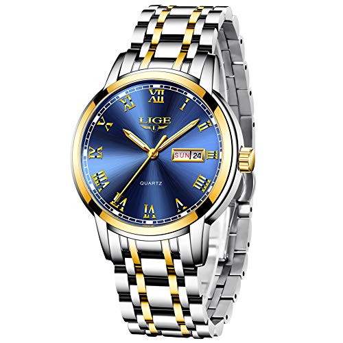 LIGE Relojes Hombre Acero Inoxidable Impermeable Deportes Analógico de Cuarzo Hombres Reloj Lujo Calendario Dorado Azul Relojes Hombre