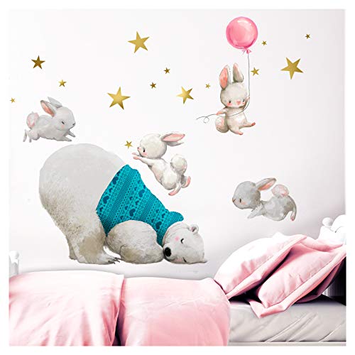 Little Deco Adhesivo decorativo para habitación de bebé, oso polar y conejos con globo, color rosa, S – 55 x 42 cm (ancho x alto), diseño de estrellas