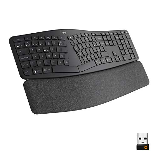 Logitech ERGO K860, teclado ergonómico inalámbrico con distribución de teclado partido, reposamanos, tejido resistente a las salpicaduras, Windows/Mac, Bluetooth, USB, QWERTY Español , Gris