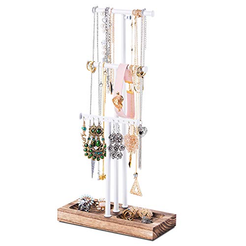 Love-KANKEI® Soporte de exhibición y almacenamiento de joyas con bandeja de madera y 3 barras de alambre (altura ajustable) para organizar collares Pulseras y pendientes
