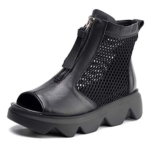 LQLD Sandalias Retro para Mujer Zapatos, Botines Gruesos De Fondo Grueso Zapatos De Muffins De Piel De Pez De Vaca/Suela Antideslizante,Negro,39