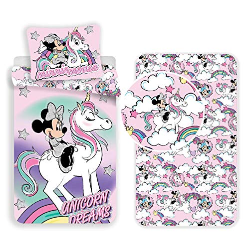 L.T.Preferita Disney Minnie Unicornio - Juego de cama individual de 3 piezas, funda nórdica + funda de almohada italiana + sábana bajera de algodón