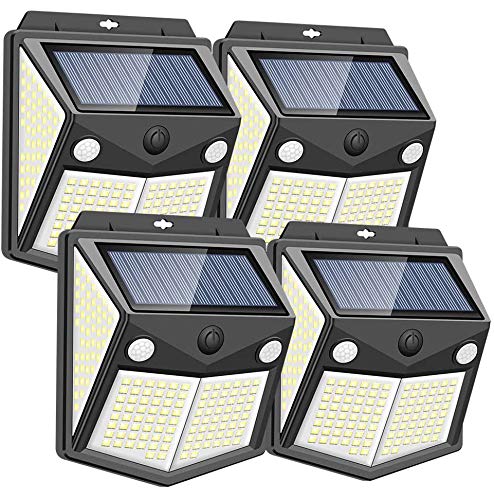 Luz Solar Exterior, 【 4-Paquete 200 LED - 1200 Lumens】270°Iluminación Foco Solar con Sensor de Movimiento Impermeable Lámpara Solar para Jardín Camino