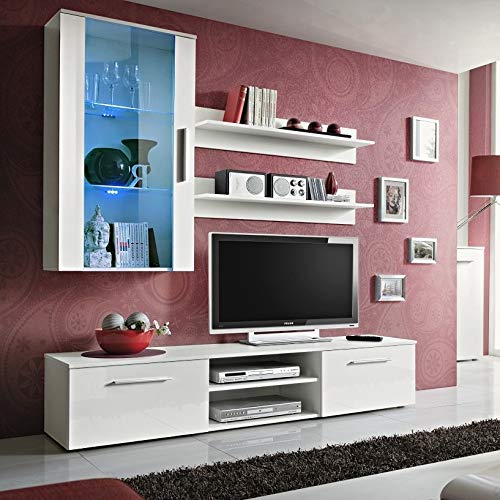 MAS Galino E unidad de pared sala de estar conjunto 180 cm de ancho alto brillo soporte de TV estantes flotante vitrina puerta de cristal luces LED