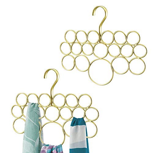 mDesign Juego de 2 perchas para pañuelos o corbatas – Organizador de pañuelos con 18 aros para organizar – Organizador de armarios para colgar toallas, corbatas, cinturones – Color dorado/latón