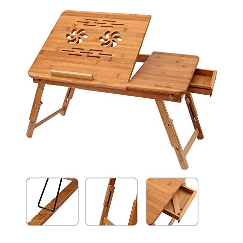 Mesa de Bambú para Ordenador Portátil, Mesa Plegable y Ajustable para Laptop, Mesa de balcón, Mesa de jardín, Mesa Plegable de bambú, Mesa de Estudio, Escritorio con cajón (40x18-25x25cm)