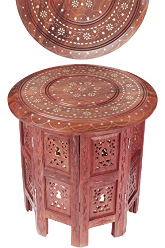 Mesa marroquí, Consola Auxiliar de Madera Caglanur 38cm Redonda - Mostrador de té Oriental - Bandeja Plegable es Oriental en marrón, como Mesa de luz