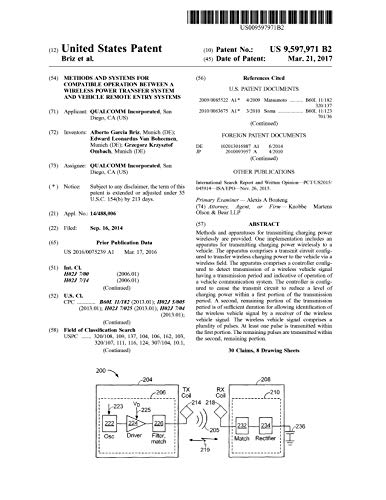 Methods and systems for compatible operation between a wireless power transfer system and vehicle remote entry systems: United States Patent 9597971 (English Edition)
