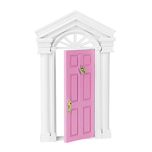Mini puerta de casa de muñecas Puerta exterior Muebles de casa de muñecas Muebles en miniatura Puerta de madera Puerta de abedul de madera de hadas para casa de muñecas(Pink)