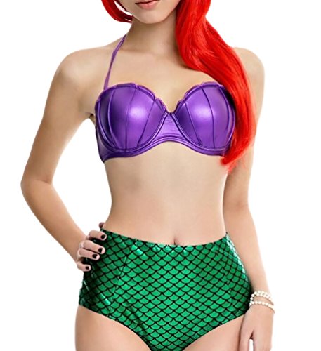 MissFox Push Up Bikinis Disfraz De Sirena Cintura Alta Bañadores para Mujer Morado Verde XL
