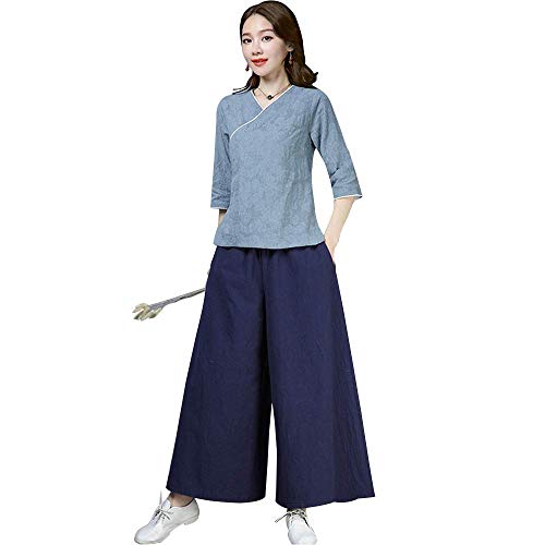 MJ-Brand - Ropa de Tai Chi para mujer, estilo retro, chino, pantalones de pierna ancha, de algodón chino y lino, diseño de cuello cruzado suelto, moderno, color Azul claro+azul marino, tamaño Large