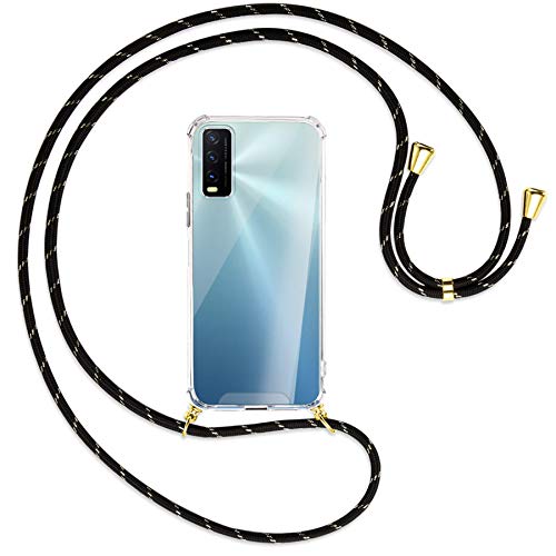 mtb more energy® Collar Smartphone para Vivo Y20s, Vivo Y11s (6.51'') - Negro+Oro Rayado/Oro - Funda Protectora ponible - Carcasa Anti Shock con Cuerda Correa