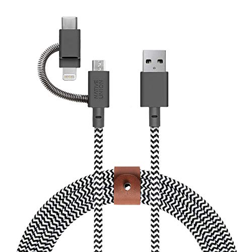 Native Union Belt Cable Universal - Cable Reforzado Ultrarresistente [Certificado MFi], 2 m, con Adaptador 3 en 1 para Dispositivos Lightning, USB-C y Micro-USB (Zebra)