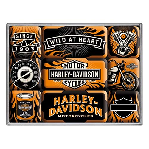 Nostalgic-Art Juego de Imanes Retro Harley Davidson Heart – Regalo para Motociclistas, Decoración para la Nevera, Diseño Vintage, 9 Unidades