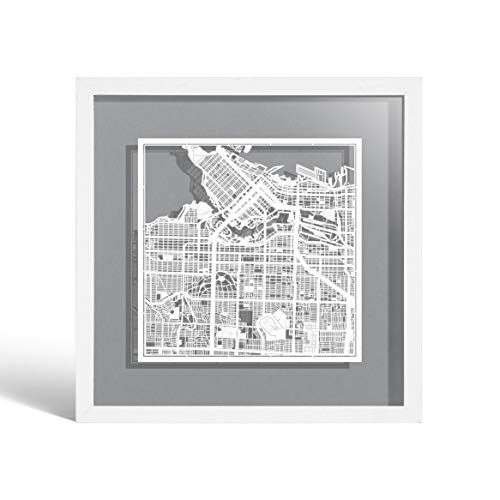 O3 Design Studio Vancouver - Mapa de papel recortado enmarcado, mapa blanco, marco blanco, 22,8 x 22,8 cm, caja de regalo, 4 colores de fondo, cambio automático, arte de papel