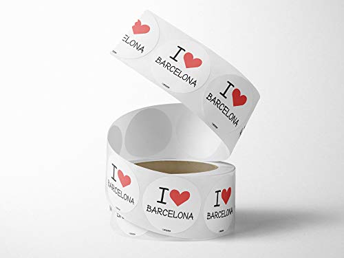 Oedim Rollo Bobina con 500 Etiquetas de I Love Barcelona | 5cm de diámetro | Fabricadas en Polipropileno Blanco Adhesivo