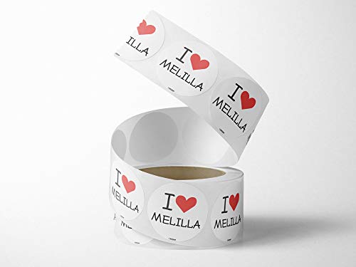 Oedim Rollo Bobina con 500 Etiquetas de I Love Melilla | 5cm de diámetro | Fabricadas en Polipropileno Blanco Adhesivo