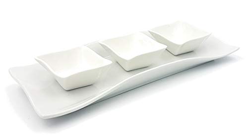Pack➤ Plato de Porcelana + 3 Cuencos aperitivos Porcelana/Juego plato de postre y Entrantes/set para Buffet, Salsa, Snack➤ (Plato + Cuencos Porcelana)